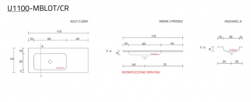 Cristalstone Linea Simpla umywalka meblowa 110x45 cm lewa biały satynowy mat U1100-MBLOT/CR