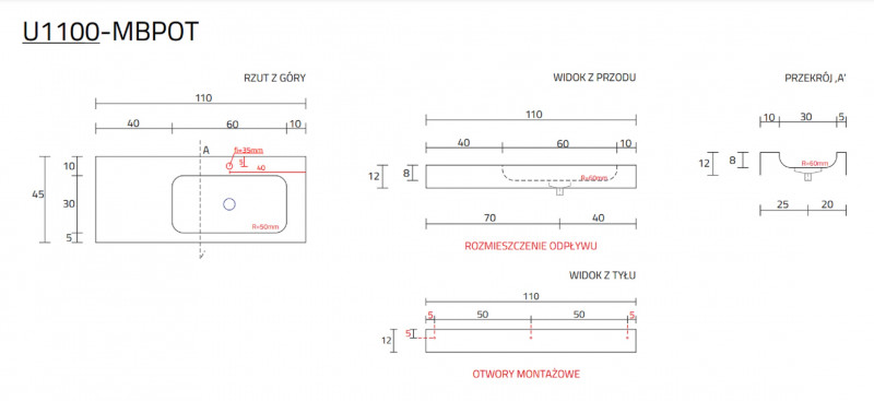 Cristalstone Linea Simpla umywalka 110x45 cm prawa biały satynowy mat U1100-MBPOT