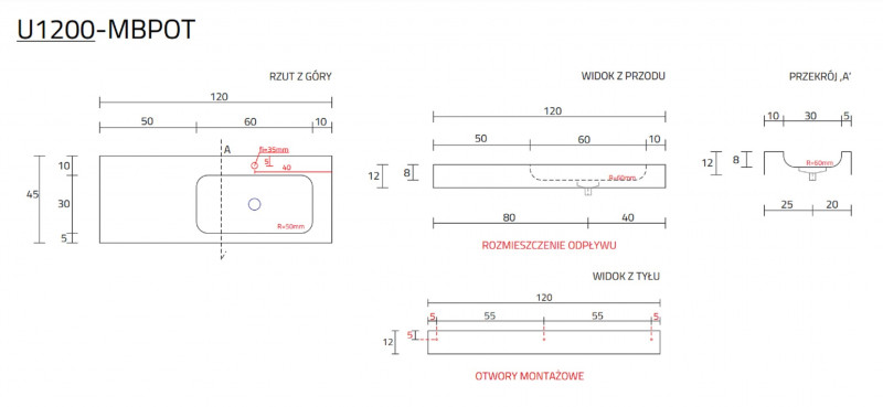 Cristalstone Linea Simpla umywalka 120x45 cm prawa biały satynowy mat U1200-MBPOT