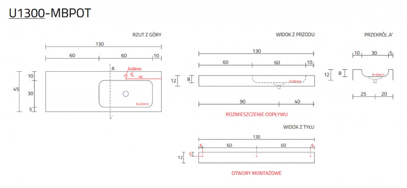 Cristalstone Linea Simpla umywalka 130x45 cm prawa biały satynowy mat U1300-MBPOT