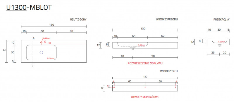 Cristalstone Linea Simpla umywalka 130x45 cm lewa biały satynowy mat U1300-MBLOT