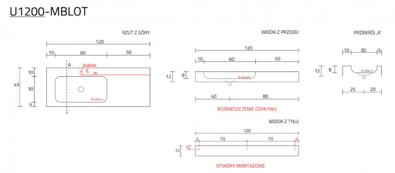 Cristalstone Linea Simpla umywalka 120x45 cm lewa biały satynowy mat U1200-MBLOT