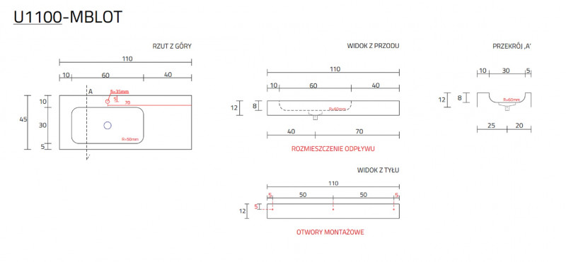 Cristalstone Linea Simpla umywalka 110x45 cm lewa biały satynowy mat U1100-MBLOT