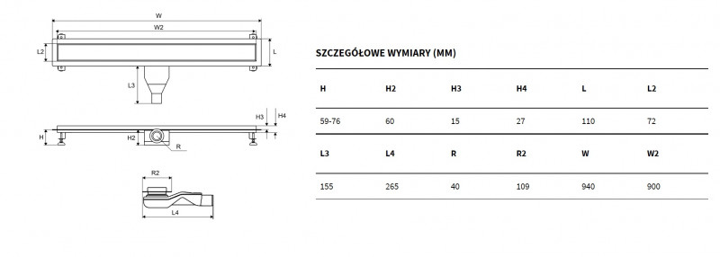 Excellent Stilio odpływ liniowy z rusztem dekoracyjnym 90 cm niski 6 cm INEX.1515.900.R.SNP