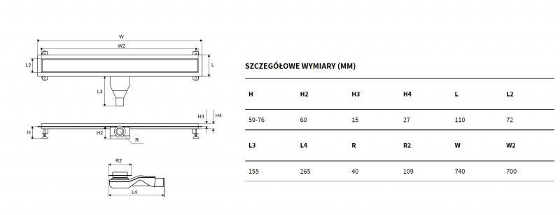 Excellent Stilio odpływ liniowy z rusztem dekoracyjnym 70 cm niski 6 cm INEX.1515.700.R.SNP
