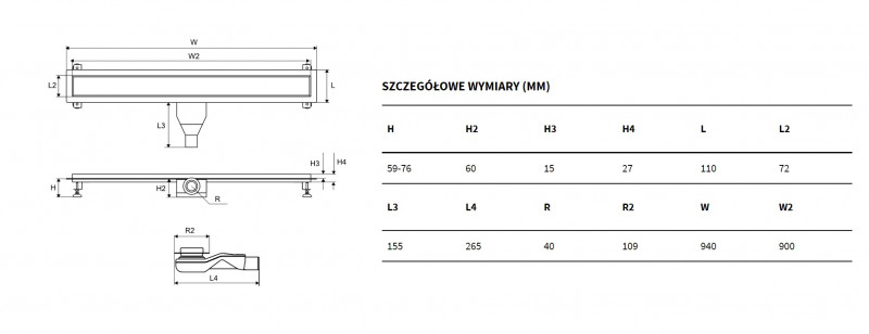 Excellent Stilio odpływ liniowy z rusztem do zabudowy płytką 90 cm niski 6 cm INEX.1515.900.P.SNP