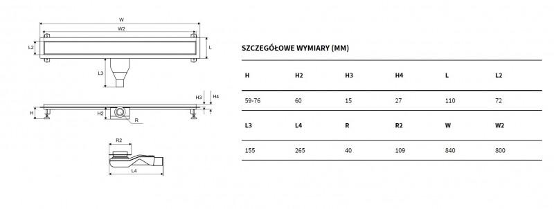 Excellent Stilio odpływ liniowy z rusztem do zabudowy płytką 80 cm niski 6 cm INEX.1515.800.P.SNP
