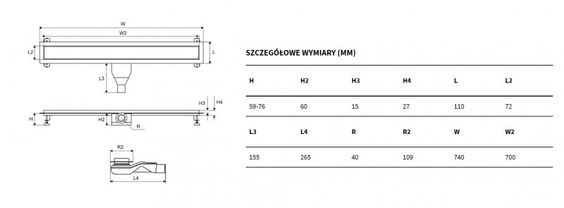 Excellent Stilio odpływ liniowy z rusztem do zabudowy płytką 70 cm niski 6 cm INEX.1515.700.P.SNP