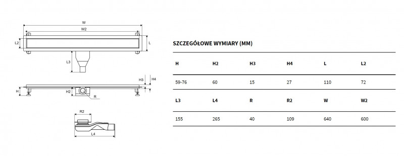 Excellent Stilio odpływ liniowy z rusztem do zabudowy płytką 60 cm niski 6 cm INEX.1515.600.P.SNP