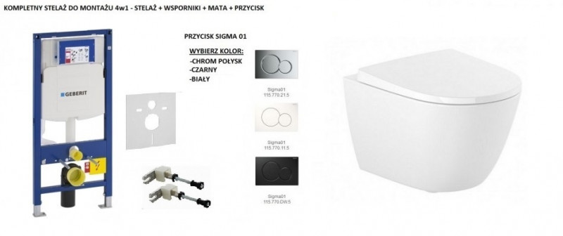 Geberit + Roca Ona Compacto Rimless 48cm - Zestaw 6w1 - kompletny stelaż + muszla + deska wolnoopadająca