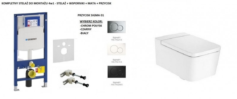 Geberit + Roca Inspira Sqaure Rimless - Zestaw 6w1 - kompletny stelaż + muszla + deska wolnoopadająca