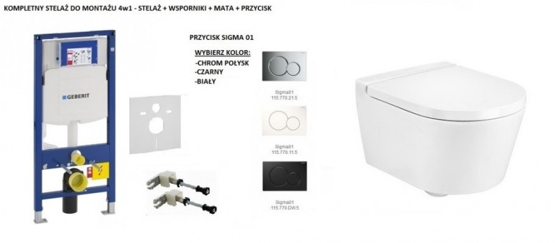 Geberit + Roca Inspira Round Compacto - Zestaw 6w1 - kompletny stelaż + muszla + deska wolnoopadająca