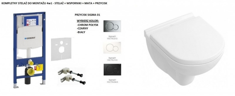 Geberit + Villeroy&Boch O.novo Compact 49cm - Zestaw 6w1 - kompletny stelaż + muszla + deska wolnoopadająca