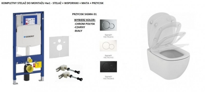 Geberit + Ideal Standard Tesi Aquablade - Zestaw 6w1 - kompletny stelaż + muszla + deska wolnoopadająca