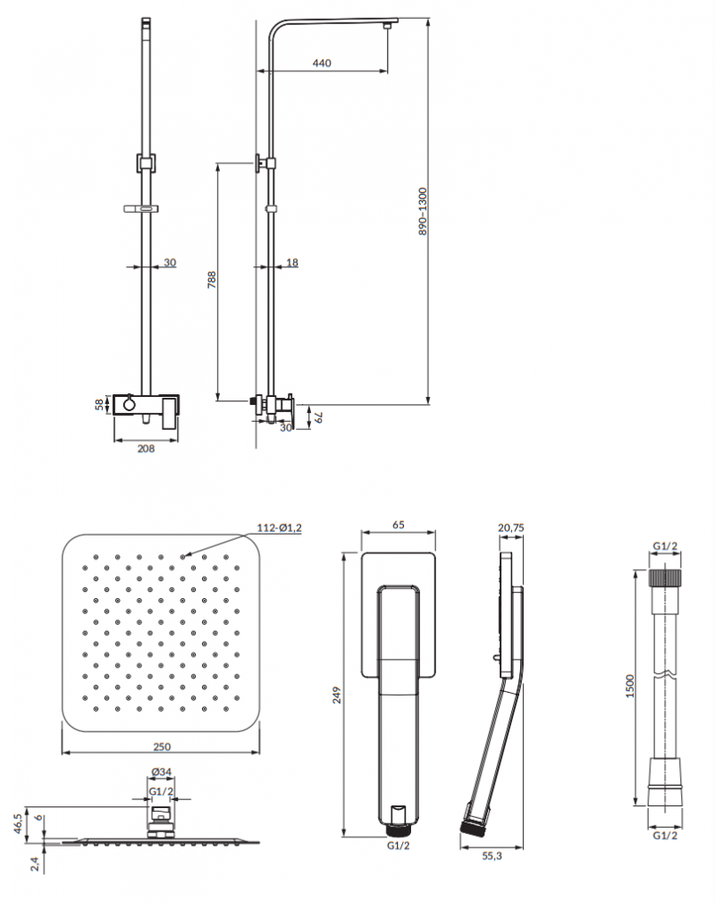Omnires Baretti zestaw prysznicowy natynkowy z deszczownicą 25x25 chrom BA7844CR