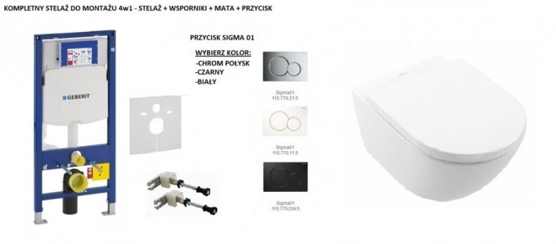 Geberit + Villeroy&Boch Subway 3.0 TwistFlush Zestaw 6w1 kompletny stelaż + muszla wisząca + deska wolnoopadająca