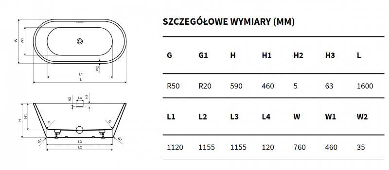 Excellent Holi 2.0 wanna wolnostojąca owalna 160x76 WAEX.HOL2.16WH