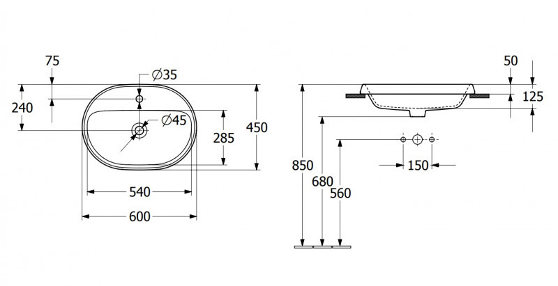 Villeroy&Boch Architectura umywalka wpuszczana w blat 60x45 biała weiss alpin 5A666001