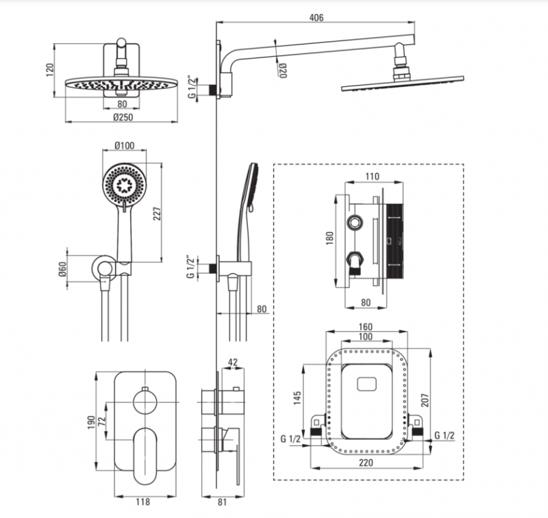 Deante Alpinia zestaw prysznicowy podtynkowy 3-drożny z deszczownicą złoty połysk BXYZZGAM