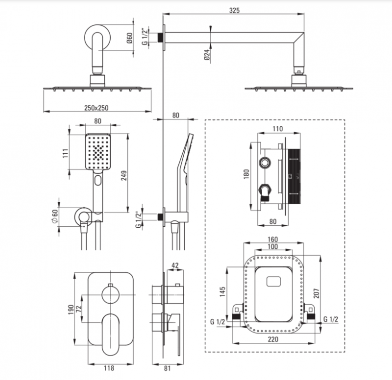 Deante Alpinia zestaw prysznicowy podtynkowy 3-drożny z deszczownicą czarny matowy BXYZNGAM BXYZNGAM
