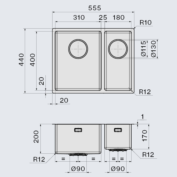 Falmec Como 3118 zlewozmywak 1,5 komory podwieszana/wpuszczana stal inox AISI 304 SCO3118F.00#SSF