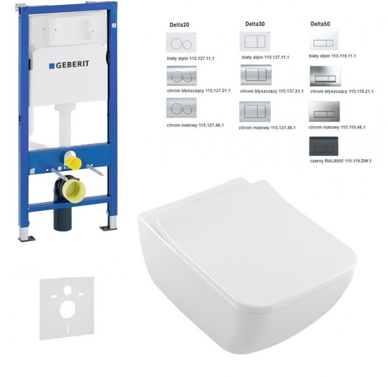 Geberit Duofix Delta + Villeroy&Boch Venticello Directflush - Zestaw 6w1 - kompletny stelaż + muszla + deska wolnoopadająca slim