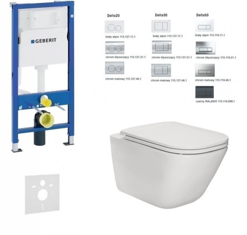 Geberit Duofix Delta + Roca Gap RimClean - Zestaw 6w1 - kompletny stelaż + muszla + deska wolnoopadająca slim
