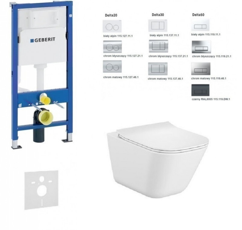 Geberit Duofix Delta + Roca Gap RimClean - Zestaw 6w1 - kompletny stelaż + muszla + deska wolnoopadająca ultraslim