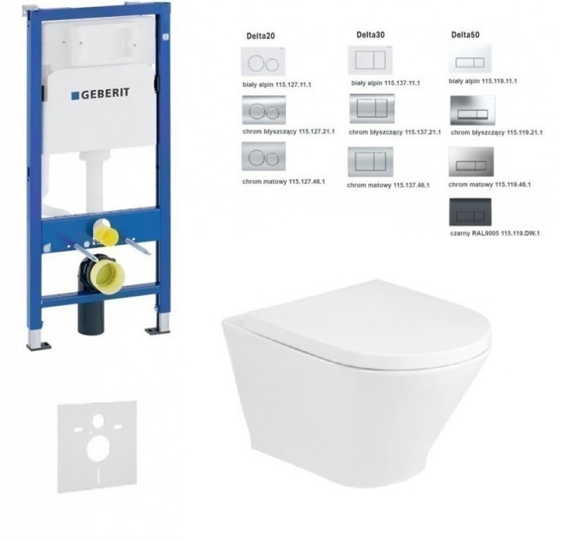 Geberit Duofix Delta + Roca Gap Round RimClean - Zestaw 6w1 - kompletny stelaż + muszla + deska wolnoopadająca