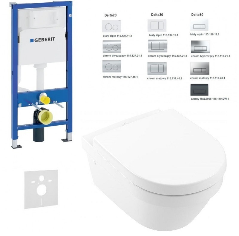 Geberit Duofix Delta + Villeroy&Boch Omnia Directflush - Zestaw 6w1 - kompletny stelaż + muszla + deska wolnoopadająca