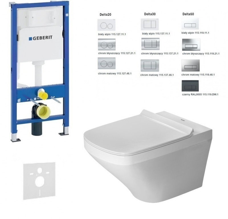 Geberit Duofix Delta + Duravit Durastyle Rimless - zestaw 6w1 - kompletny stelaż muszla wisząca + deska wolnoopadająca