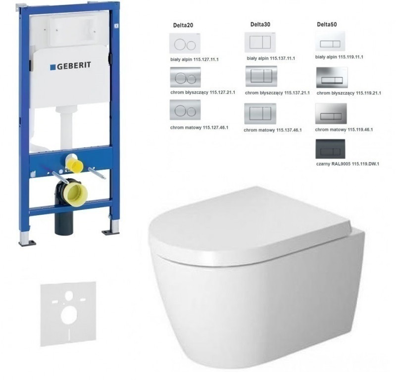 Geberit Duofix Delta + Duravit Me by Starck Rimless 48cm - zestaw 6w1 - kompletny stelaż + muszla wisząca + deska wolnoopadająca