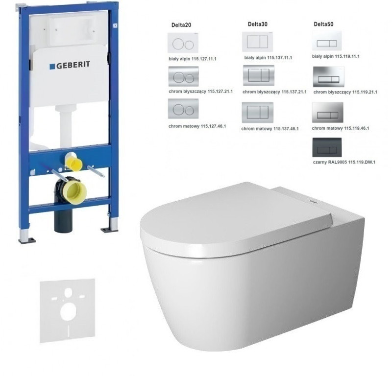 Geberit Duofix Delta + Duravit Me by Starck Rimless 57cm - zestaw 6w1 - kompletny stelaż + muszla wisząca + deska wolnoopadająca