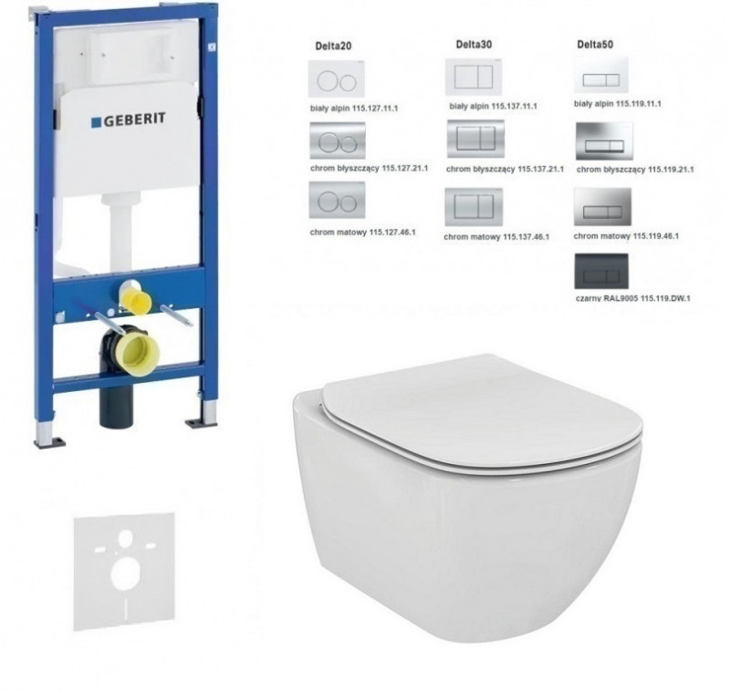Geberit Duofix Delta + Ideal Standard Tesi Aquablade - Zestaw 6w1 - kompletny stelaż + muszla + deska wolnoopadająca