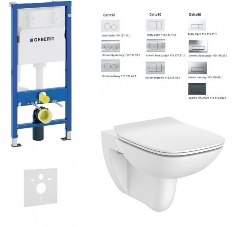 Geberit Duofix Delta + Roca Debba Rimless - Zestaw 6w1 - kompletny stelaż + muszla + deska wolnoopadająca