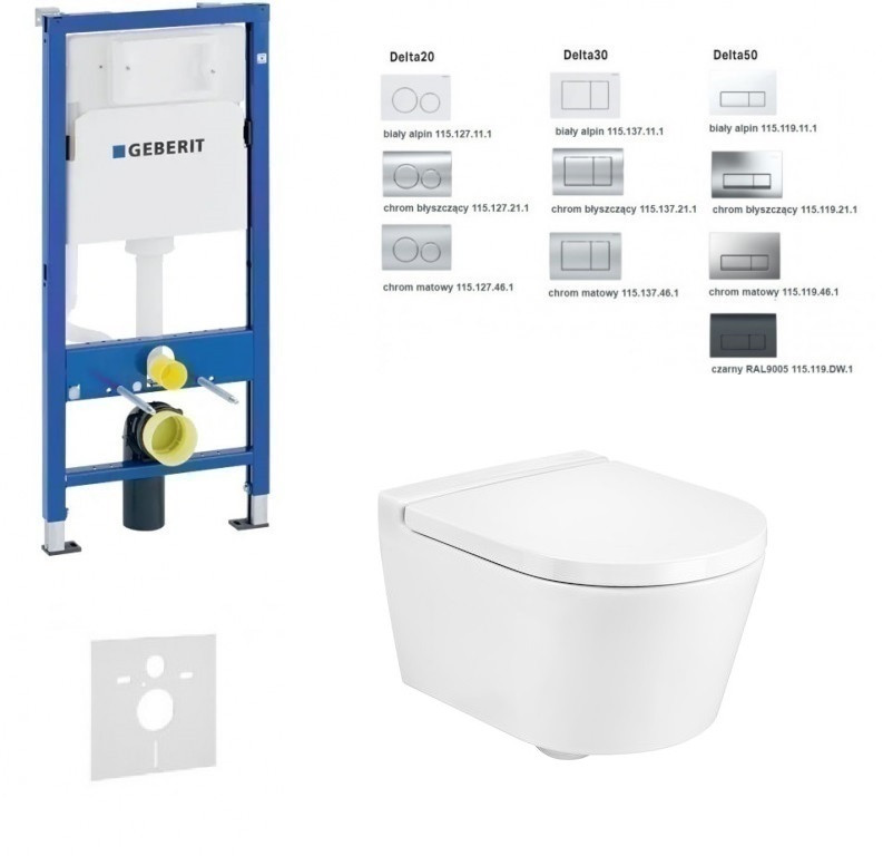 Geberit Duofix Delta + Roca Inspira Round Compacto - Zestaw 6w1 - kompletny stelaż + muszla + deska wolnoopadająca