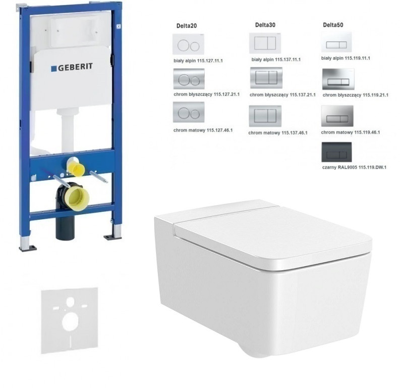Geberit Duofix Delta + Roca Inspira Square Rimless - Zestaw 6w1 - kompletny stelaż + muszla + deska wolnoopadająca