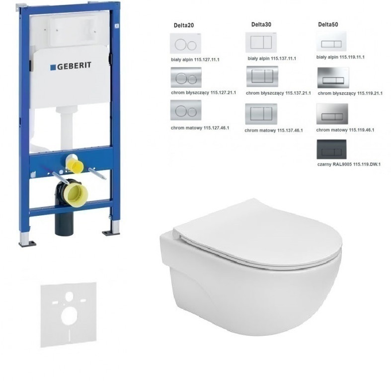 Geberit Duofix Delta + Roca Meridian-N Rimless Compacto 48cm - Zestaw 6w1 - kompletny stelaż + muszla + deska wolnoopadająca slim
