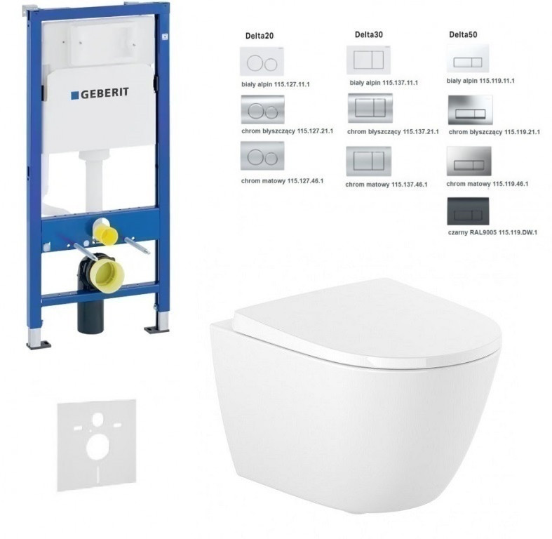 Geberit Duofix Delta + Roca Ona Compacto Rimless 48cm - Zestaw 6w1 - kompletny stelaż + muszla + deska wolnoopadająca