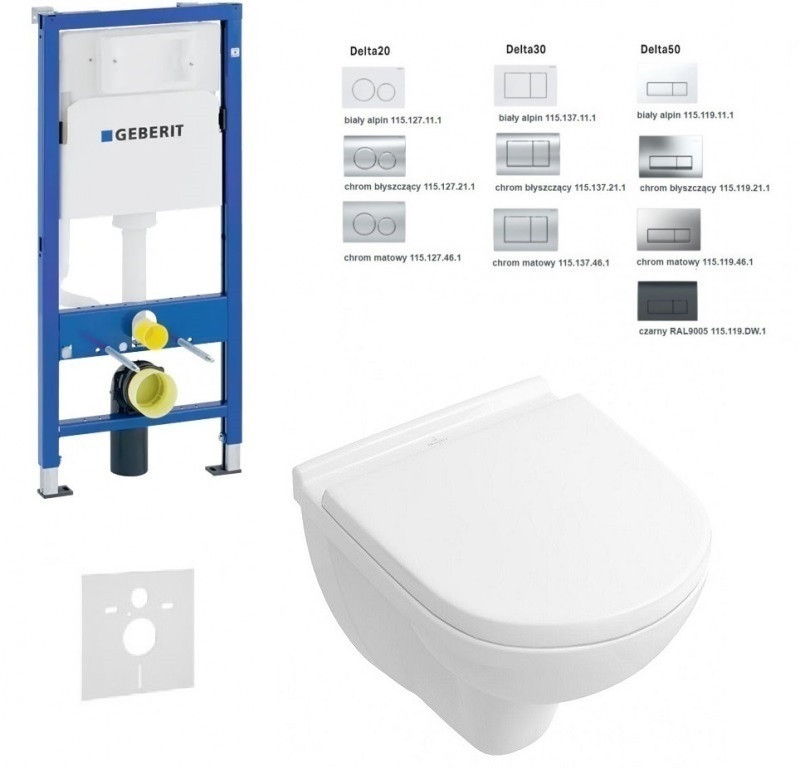 Geberit Duofix Delta + Villeroy&Boch O.novo Compact Directflush 49cm - Zestaw 6w1 - kompletny stelaż + muszla + deska wolnoopadająca