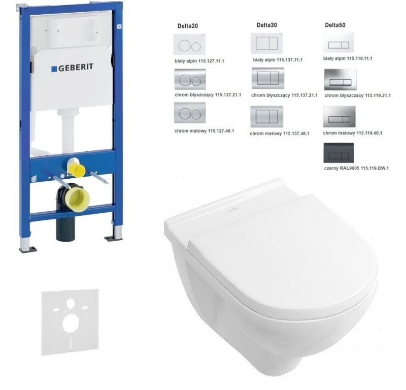 Geberit Duofix Delta + Villeroy&Boch O.novo Directflush - Zestaw 6w1 - kompletny stelaż + muszla + deska wolnoopadająca