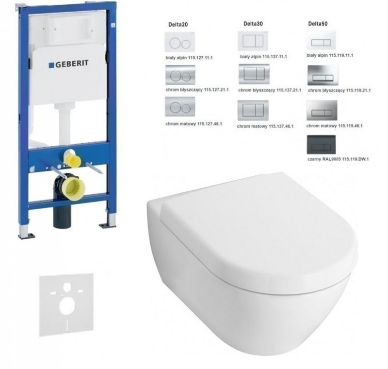 Geberit Duofix Delta  + Villeroy&Boch Subway 2.0 Compact Directflush - Zestaw 6w1 - kompletny stelaż + muszla 48cm + deska wolnoopadająca