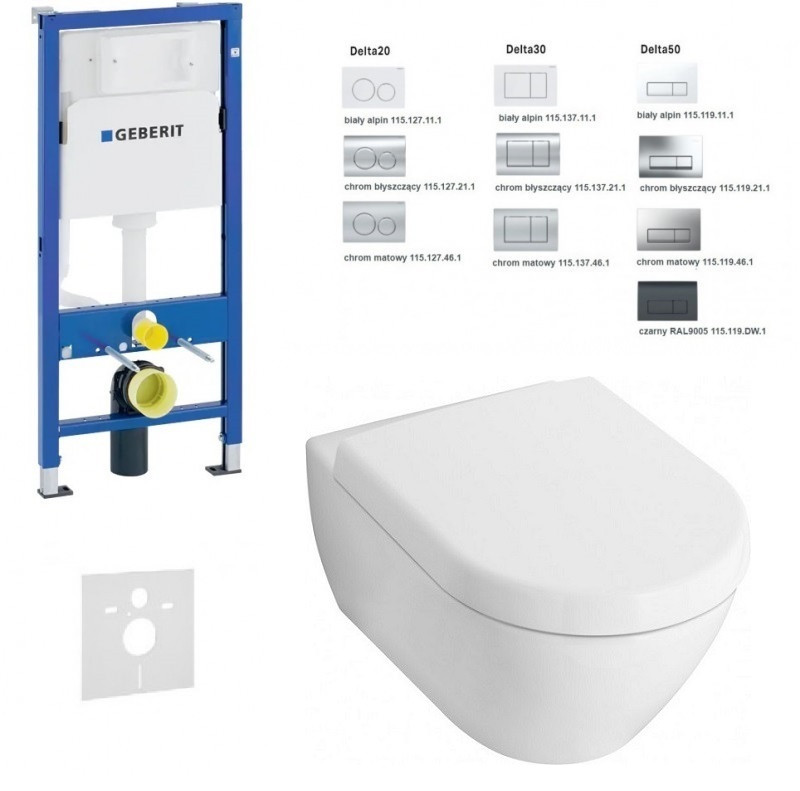 Geberit Duofix Delta + Villeroy&Boch Subway 2.0 Directflush - Zestaw 6w1 - kompletny stelaż + muszla + deska wolnoopadająca