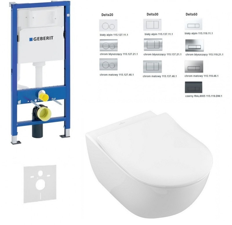 Geberit Duofix Delta + Villeroy&Boch Subway 2.0 Directflush - Zestaw 6w1 - kompletny stelaż + muszla + deska wolnoopadająca slim