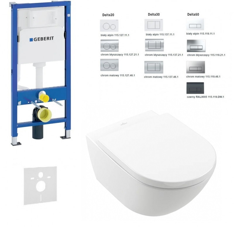 Geberit Duofix Delta + Villeroy&Boch Subway 3.0 TwistFlush Zestaw 6w1 kompletny stelaż + muszla wisząca + deska wolnoopadająca