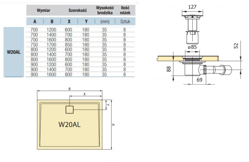 Sanswiss LIVADA W20AL brodzik prostokątny 120x70 odpływ na długim boku konglomerat gelcoat biały W20AL07012004