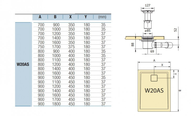 Sanswiss LIVADA W20AS brodzik prostokątny 110x80 odpływ na krótkim boku konglomerat gelcoat biały W20AS08011004
