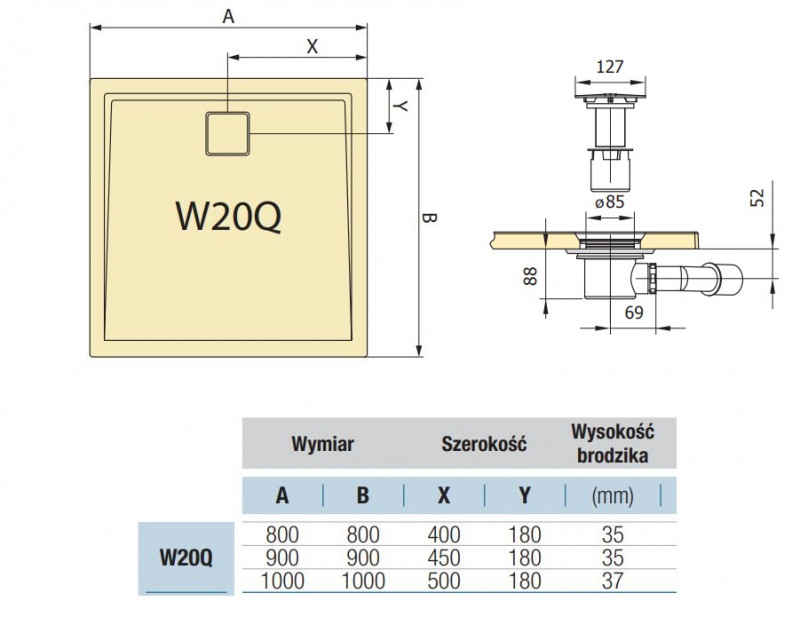 Sanswiss LIVADA W20Q brodzik kwadratowy 80x80 konglomerat gelcoat biały W20Q08004