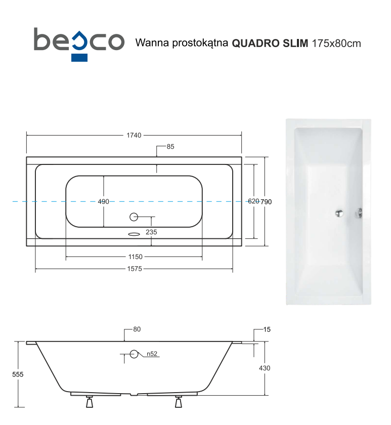 BESCO Quadro Slim wanna prostokątna 175x80 z płaskim rantem akryl biały WAQ-175-SL