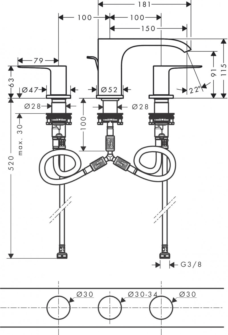 Hansgrohe Vivenis bateria umywalkowa 3-otworowa 90 chrom połysk 75033000